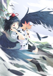 Rule 34 | 1girl, black hair, black ribbon, black skirt, black thighhighs, black wings, chinese commentary, cloud, commentary, feathered wings, feet out of frame, flying, hand fan, hat, highres, holding, holding fan, kuma-ra, leaf fan, looking at viewer, miniskirt, mountainous horizon, neck ribbon, outdoors, playing with own hair, pom pom (clothes), red eyes, red hat, ribbon, shameimaru aya, shirt, short hair, short sleeves, skirt, solo, thighhighs, tokin hat, touhou, white shirt, wind, wings