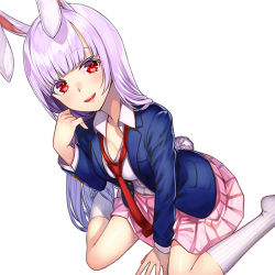 Rule 34 | 1girl, alternate hairstyle, animal ears, blazer, blunt bangs, blush, breasts, cleavage, jacket, light purple hair, long hair, looking at viewer, miniskirt, necktie, no shoes, open mouth, pink skirt, pleated skirt, rabbit ears, rabbit girl, rabbit tail, red eyes, red necktie, reisen udongein inaba, simple background, sitting, skirt, smile, solo, tail, touhou, unowen, very long hair, wariza, white background, white legwear
