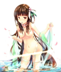 Rule 34 | 1girl, breasts, brown hair, censored, collar, convenient censoring, flower, hair flower, hair ornament, highres, mouth hold, nipples, original, partially submerged, ribbon, sakura ani, solo, source request, standing, wading, water, yellow eyes