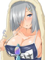 Rule 34 | 10s, 1girl, armpits, bad id, bad nicoseiga id, bare shoulders, blue eyes, blue one-piece swimsuit, blush, breasts, cleavage, closed mouth, collarbone, competition school swimsuit, expressionless, gachou, goggles, unworn goggles, hair ornament, hair over one eye, hairclip, hamakaze (kancolle), kantai collection, large breasts, lips, looking at viewer, name tag, one-piece swimsuit, pulled by self, school swimsuit, shiny skin, short hair, sideboob, silver hair, simple background, solo, strap gap, strap pull, swimsuit, text focus, towel, towel on head, translation request, upper body, water, water drop, wet, white background