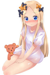 Rule 34 | 1girl, abigail williams (fate), absurdres, blonde hair, blue bow, blue eyes, blush, bow, closed mouth, embarrassed, fate/grand order, fate (series), female focus, flat chest, hair bow, have to pee, highres, legs together, long hair, looking at viewer, nose blush, orange bow, oversized clothes, oversized shirt, pruzhka (wardi113), see-through, shiny skin, shirt, simple background, sitting, solo, stuffed animal, stuffed toy, teddy bear, wavy mouth, white background, white shirt