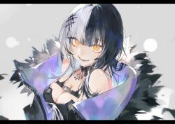Rule 34 | 1girl, absurdres, black hair, breasts, choker, cleavage, fur-trimmed jacket, fur trim, hair ornament, highres, hololive, hololive english, jacket, large breasts, looking at viewer, lucadark art, multicolored hair, off shoulder, shiori novella, shiori novella (1st costume), smile, solo, split-color hair, two-tone hair, upper body, virtual youtuber, white hair, yellow eyes