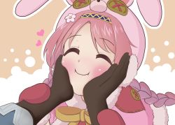 Rule 34 | 1girl, ^ ^, animal costume, animal ears, animal hood, arms up, black gloves, blush, bow, bowtie, braid, capelet, cheek press, cheek squash, closed eyes, flower, gloves, hair flower, hair ornament, hairband, hands on another&#039;s cheeks, hands on another&#039;s face, hands up, happy, heart, hood, hood up, hooded capelet, low twintails, mimi (princess connect!), nostalgic graphic zone, parted bangs, patterned background, pink capelet, pink hair, pov, pov hands, princess connect!, rabbit costume, rabbit ears, simple background, smile, solo focus, twin braids, twintails, two-tone background, yellow bow, yellow neckwear