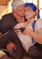 Rule 34 | 2boys, archer (fate), black pants, black shirt, blue hair, blurry, blurry background, collarbone, controller, cu chulainn (fate), earrings, fangs, fate/grand order, fate (series), game controller, gravesecrets, hand on another&#039;s head, hand on another&#039;s thigh, highres, holding, holding controller, holding game controller, hug, indoors, jewelry, light particles, long hair, male focus, mature male, multiple boys, muscular, muscular male, one eye closed, open mouth, pants, parted lips, pectoral cleavage, pectorals, ponytail, red eyes, sharp teeth, shirt, short hair, sitting, t-shirt, tan, tatami, teeth, white hair, white shirt, window, yaoi