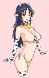 Rule 34 | 1girl, absurdres, animal ears, animal print, bell, bikini, black hair, blue eyes, breasts, cleavage, cow ears, cow horns, cow print, cow print bikini, cowbell, elbow gloves, fake animal ears, fake horns, freckles, girls und panzer, gloves, highres, horns, kuppipi ramutarou, large areolae, large breasts, long hair, looking at viewer, micro bikini, navel, neck bell, open mouth, pink background, print bikini, print thighhighs, side-tie bikini bottom, simple background, smile, solo, swimsuit, thighhighs, yamagou ayumi