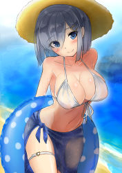 Rule 34 | 10s, 1girl, armpits, arms behind back, bare shoulders, beach, bikini, bikini top only, blue eyes, blue hair, blush, breasts, brown hat, cleavage, closed mouth, collarbone, eyes visible through hair, front-tie top, hair ornament, hair over one eye, hairclip, hamakaze (kancolle), hat, head tilt, heart, holding, holding behind back, innertube, kantai collection, large breasts, looking at viewer, navel, no panties, ocean, outdoors, polka dot, polka dot innertube, sand, sarong, see-through, see-through sarong, shore, short hair, side-tie bikini bottom, silver hair, sin (kami148), smile, solo, standing, straw hat, swim ring, swimsuit, thigh strap, water, water drop, wet, white bikini