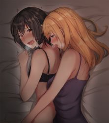 Rule 34 | 2girls, asymmetrical hair, bed sheet, black bra, blonde hair, blush, bow, bra, breasts, breath, brown hair, camisole, commentary, from above, fumei (mugendai), furrowed brow, hair between eyes, hair ribbon, heavy breathing, implied fingering, long hair, looking back, lying, maribel hearn, medium breasts, medium hair, multiple girls, on bed, on side, open mouth, ponytail, purple camisole, purple eyes, red eyes, ribbon, saliva, sheet grab, sleeveless, small breasts, spaghetti strap, spooning, tongue, tongue out, touhou, trembling, tress ribbon, underwear, upper body, usami renko, white bow, yuri