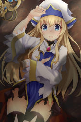 Rule 34 | 10s, 1girl, blonde hair, bloomers, blue eyes, breasts, dress, female focus, frills, goblin, goblin male, goblin slayer!, hand up, hat, long hair, long sleeves, lying, maccha, no bra, on back, open mouth, priestess (goblin slayer!), shadow, small breasts, solo, staff, tearing up, tears, thighhighs, torn clothes, torn dress, underwear, wavy mouth, wide sleeves
