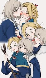 Rule 34 | 2girls, ambrosia (dungeon meshi), blonde hair, blue capelet, blue robe, blush, capelet, choker, closed eyes, closed mouth, commentary, drooling, dungeon meshi, ear blush, elf, falin touden, falin touden (tallman), green eyes, grey hair, hand on another&#039;s shoulder, hashtag-only commentary, highres, holding, holding staff, licking, licking another&#039;s face, long hair, marcille donato, miyu aaki, multiple girls, pointy ears, red choker, robe, saliva, short hair, staff, thai text, tongue, tongue out, translation request, yellow eyes, yuri