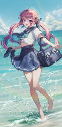 Rule 34 | 1girl, :d, absurdres, ahoge, anchor hair ornament, bag, bare legs, barefoot, beach, black bow, black sailor collar, blue bow, blue bowtie, blue hair, blue skirt, blue sky, blush, bow, bowtie, bubble, cloud, day, floating hair, foot up, hair bow, hair ornament, high-waist skirt, highres, holding, holding clothes, holding footwear, hololive, horizon, knees together feet apart, kudou (sikisiki0000), lens flare, long hair, long sleeves, looking at viewer, low twintails, midriff peek, minato aqua, multicolored hair, ocean, open hand, open mouth, outdoors, pink hair, pleated skirt, purple eyes, sailor collar, school bag, school uniform, serafuku, shirt, shoes, unworn shoes, sidelocks, skirt, sky, smile, sparkle, splashing, thighs, twintails, two-tone hair, virtual youtuber, wading, water drop, white shirt, wind, wind lift