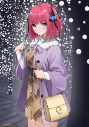 Rule 34 | 1girl, absurdres, bag, belt, black belt, black ribbon, blue eyes, blush, brown dress, butterfly hair ornament, closed mouth, coat, commentary, cowboy shot, dress, fur-trimmed coat, fur trim, go-toubun no hanayome, hair ornament, hair ribbon, half updo, handbag, highres, lips, long sleeves, looking down, medium hair, nakano nino, outdoors, pink hair, pom pom (clothes), purple coat, purple ribbon, ribbon, shirt, signature, smile, snowing, solo, standing, straight hair, two side up, white shirt, winter, winter clothes, yuhi (yuhi atb26)