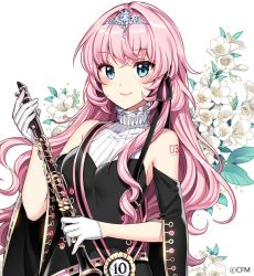 Rule 34 | 1girl, bare shoulders, blue eyes, blush, clarinet, closed mouth, copyright name, dress, flower, gloves, holding, instrument, jewelry, leaf, lips, lipstick, long hair, looking at viewer, makeup, megurine luka, nardack, pink hair, simple background, solo, tattoo, tiara, turtleneck, upper body, vocaloid, white background, white gloves, wide sleeves