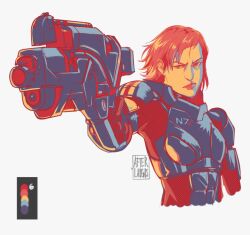 Rule 34 | 1girl, afterlaughs, artist logo, body armor, color guide, commander shepard, commander shepard (female), commentary, english commentary, gun, holding, holding gun, holding weapon, limited palette, looking at viewer, mass effect (series), mass effect 1, short hair, simple background, solo, upper body, weapon, white background