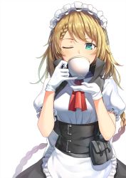 Rule 34 | 1girl, apron, artist name, blonde hair, blue eyes, blush, braid, braided bangs, breasts, corset, covered mouth, cup, drinking, g36 (girls&#039; frontline), girls&#039; frontline, gloves, hand up, highres, holding, holding cup, long hair, looking at viewer, maid, maid apron, maid headdress, neckerchief, one eye closed, pinky out, pouch, puffy short sleeves, puffy sleeves, red neckerchief, short sleeves, sidelocks, simple background, solo, teacup, very long hair, vikpie, white background, white gloves
