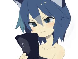 Rule 34 | 1girl, animal ears, bare shoulders, blue eyes, blue hair, blush, cat ears, closed mouth, collarbone, hair between eyes, looking away, original, pappii (paprika shikiso), paprika shikiso, short hair, solo, upper body, wavy mouth