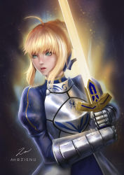 Rule 34 | 1girl, ahoge, aqua eyes, armor, artist name, artoria pendragon (all), artoria pendragon (fate), blonde hair, blue dress, commentary, dress, fate (series), highres, holding, holding sword, holding weapon, lips, long sleeves, parted lips, pink lips, saber (fate), signature, solo, sword, vambraces, weapon, zienu