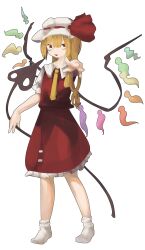 Rule 34 | 1girl, absurdres, alternate neckwear, blonde hair, flandre scarlet, frilled skirt, frilled sleeves, frills, from6fu, full body, hair between eyes, hat, highres, laevatein (touhou), long hair, looking at viewer, mob cap, multicolored wings, necktie, no shoes, open mouth, outstretched arm, puffy short sleeves, puffy sleeves, red eyes, red skirt, red vest, shirt, short sleeves, simple background, skirt, skirt set, socks, solo, standing, touhou, vest, white background, white hat, white shirt, white socks, wings, yellow necktie