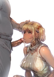 Rule 34 | 1boy, 1girl, bare shoulders, blonde hair, blush, bow (bhp), breasts, censored, cum, cum in mouth, cumdrip, dark-skinned male, dark skin, earrings, fellatio, hair bobbles, hair ornament, hand on another&#039;s head, hetero, highres, jewelry, kissing penis, large breasts, looking at another, looking up, necklace, oral, original, penis, red eyes, ribbed sweater, short hair, simple background, sleeveless, solo focus, spread legs, squatting, sweater, two side up, white background