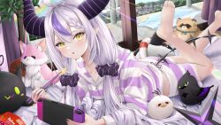 Rule 34 | 1girl, absurdres, barefoot, grey hair, highres, hololive, horns, la+ darknesss, long hair, looking at viewer, lying, open mouth, pajamas, solo, striped clothes, striped pajamas, virtual youtuber, yellow eyes, yuge (setsura)