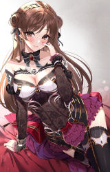 Rule 34 | 1girl, arm support, bare shoulders, belt, black thighhighs, blush, bow, bowtie, braid, breasts, brooch, brown eyes, brown hair, cleavage, collarbone, covered navel, crown braid, detached sleeves, double bun, earrings, floral print, garter straps, gem, gradient background, grey background, hair bun, hand on own face, hand up, heart, heart earrings, highres, idolmaster, idolmaster cinderella girls, jewelry, layered skirt, long sleeves, looking at viewer, medium breasts, miniskirt, nail polish, nitta minami, parted lips, print sleeves, purple skirt, red bow, red gemstone, red nails, rose print, shoulder tattoo, skirt, solo, sutoroa, sweat, swept bangs, tattoo, thighhighs, zettai ryouiki, zipper pull tab