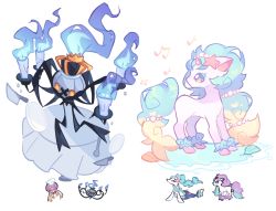 Rule 34 | blue fire, chandelure, charamells, creature, creatures (company), drifblim, fire, fire, full body, fusion, galarian form, galarian ponyta, game freak, gen 4 pokemon, gen 5 pokemon, gen 7 pokemon, gen 8 pokemon, horns, knife, multiple fusions, nintendo, no humans, pokemon, pokemon (creature), primarina, seashell, shell, simple background, single horn, standing, unicorn, white background, yellow eyes