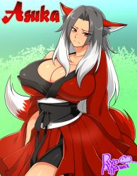 Rule 34 | 1girl, agawa ryou, animal ears, artist name, belt, breasts, character name, cleavage, curvy, female focus, fox ears, fox tail, grey hair, huge breasts, inari, japanese clothes, long hair, multicolored hair, red eyes, sitting, solo, tail, two-tone hair, white hair
