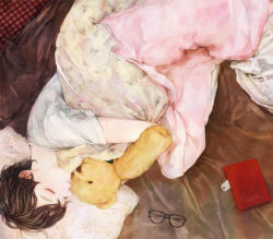 Rule 34 | 1girl, amber tobi, bear, female focus, glasses, lying, original, sleeping, solo, stuffed toy