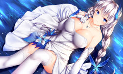 Rule 34 | 1girl, afloat, alternate hairstyle, azur lane, bare shoulders, blue eyes, braid, breasts, cleavage, collarbone, commentary, dress, elbow gloves, from above, gloves, hair ornament, highres, illustrious (azur lane), illustrious (illustrious ball) (azur lane), jewelry, large breasts, long hair, looking at viewer, looking up, necklace, ocean, off-shoulder dress, off shoulder, silver hair, sitting, smile, solo, thighhighs, twin braids, twintails, white dress, white gloves, white thighhighs, wsman, zettai ryouiki