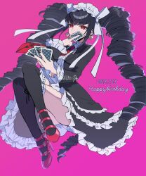 Rule 34 | 1girl, ass, black hair, black jacket, black nails, black skirt, black thighhighs, card, celestia ludenberg, center frills, crossed legs, danganronpa: trigger happy havoc, danganronpa (series), dated, drill hair, earrings, frilled skirt, frills, gothic lolita, hand up, happy birthday, headdress, high heels, highres, holding, holding card, jacket, jewelry, kusatakesi, layered skirt, lolita fashion, long hair, nail polish, open clothes, open jacket, patent heels, pink background, playing card, pumps, red eyes, red footwear, shoes, simple background, skirt, smile, solo, stiletto heels, thighhighs, twin drills, twintails