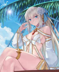 Rule 34 | 1girl, bare shoulders, bikini, blue eyes, blue hair, blue sky, braid, breasts, cleavage, crossed legs, detached sleeves, fate/grand order, fate (series), flower, french braid, gold trim, gradient hair, hair flower, hair ornament, hair ribbon, highres, long hair, long sleeves, looking at viewer, medium breasts, morgan le fay (fate), morgan le fay (water princess) (fate), mrnn, multicolored hair, ponytail, puffy long sleeves, puffy sleeves, ribbon, sidelocks, sitting, sky, smile, solo, swimsuit, thighlet, thighs, twin braids, very long hair, white bikini, white hair