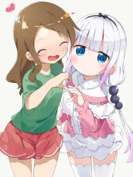 Rule 34 | 2girls, :d, ^ ^, beads, black hairband, blue eyes, blunt bangs, brown hair, capelet, center frills, child, child on child, closed eyes, commentary request, frilled capelet, frills, green shirt, hair beads, hair ornament, hairband, heart, heart hands, heart hands duo, highres, kanna kamui, kobayashi-san chi no maidragon, long hair, long sleeves, looking at viewer, low twintails, makuran, multiple girls, open mouth, red skirt, saikawa riko, shirt, short sleeves, silver hair, simple background, skirt, smile, thighhighs, twintails, white background, white legwear, yuri