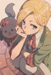 Rule 34 | 1girl, ace attorney, asymmetrical hair, black fur, blonde hair, blue eyes, boots, bow, bowtie, braid, brick floor, brown footwear, collar, collared shirt, commentary, curtained hair, dog, french braid, gina lestrade, green jacket, hachi kou, hand on own chin, highres, jacket, kneeling, looking to the side, open clothes, open jacket, pants, plaid, plaid bow, plaid bowtie, plaid scarf, red bow, red bowtie, red scarf, scarf, shirt, sleeves rolled up, the great ace attorney, toby (ace attorney), white collar, white pants, white shirt
