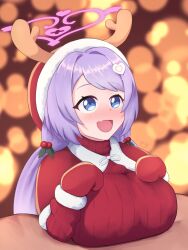 Rule 34 | 1boy, 1girl, absurdres, blue archive, blue eyes, breasts, hanae (blue archive), hanae (christmas) (blue archive), highres, large breasts, paizuri, paizuri under clothes, penis, purple hair, smile