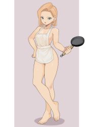 Rule 34 | 1girl, absurdres, alternate costume, android 18, apron, barefoot, blonde hair, blue eyes, breasts, commentary, dragon ball, dragonball z, earrings, feet, female focus, frying pan, full body, hand on own hip, highres, holding, holding frying pan, jewelry, looking at viewer, medium breasts, naked apron, open mouth, rokoido12, short hair, simple background, solo, standing, toes