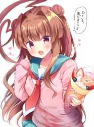 Rule 34 | 1girl, ahoge, aqua sailor collar, aqua skirt, brown eyes, brown hair, cardigan, commentary request, cowboy shot, crepe, double bun, fang, food, hair bun, heart, highres, huge ahoge, kantai collection, kuma (kancolle), looking at viewer, masayo (gin no ame), neckerchief, open mouth, pink cardigan, pleated skirt, red neckerchief, sailor collar, school uniform, serafuku, skin fang, skirt, smile, solo, translation request, white background