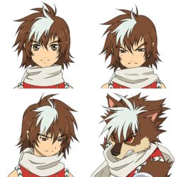 Rule 34 | 1boy, animal ears, brown eyes, brown hair, caius qualls, expressions, hair between eyes, lowres, male focus, red hair, sad, scrunchie, smile, tales of (series), tales of the tempest, tempyou kango, upper body, white background, white hair, white scrunchie, wolf boy, wolf ears