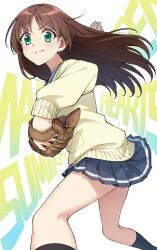 Rule 34 | &gt;:), 1girl, ball, baseball, baseball glove, black sailor collar, black skirt, black socks, blush, brown hair, brown sweater, character name, closed mouth, copyright name, extreme hearts, feet out of frame, floating hair, green eyes, highres, holding, holding ball, long hair, long sleeves, maehara sumika, parted bangs, pleated skirt, sailor collar, school uniform, serafuku, simple background, skirt, smile, socks, solo, somechime (sometime1209), standing, sweater, text background, v-shaped eyebrows, very long hair, white background