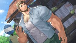 Rule 34 | 1boy, bara, beard, blue shirt, brown hair, chest hair, closed mouth, cloud, day, facial hair, green shorts, holding, holding phone, large pectorals, looking at viewer, male focus, muscular, muscular male, mustache stubble, official art, oji-mama (skskdan), open clothes, open shirt, outdoors, pectorals, phone, shirt, short hair, shorts, sisimaru hoshiura, sky, smile, solo, stubble, tank top, ttn (239 239), white tank top