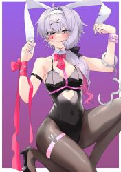 Rule 34 | 1girl, animal ears, bare shoulders, black leotard, breasts, cuffs, detached collar, ears down, fake animal ears, hair ornament, handcuffs, hands up, highres, leotard, looking at viewer, medium breasts, pantyhose, playboy bunny, purple eyes, purple hair, rabbit ears, rabbit hole (vocaloid), small breasts, solo, teardrop facial mark, twintails, vocaloid, voiceroid, x hair ornament, yuzuki yukari, zooanime