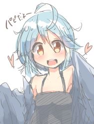 Rule 34 | 10s, 1girl, :d, ahoge, blue hair, blue wings, feathered wings, harpy, heart, highres, looking at viewer, monster girl, monster musume no iru nichijou, open mouth, pachio, papi (monster musume), simple background, sketch, smile, solo, translated, upper body, white background, winged arms, wings, yellow eyes