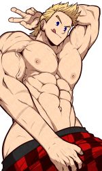 Rule 34 | 1boy, :p, abs, absurdres, arm up, artist name, ass, bara, blonde hair, blue eyes, boku no hero academia, boxers, crotch grab, highres, kuroshinki, large pectorals, licking lips, male focus, male underwear, muscular, navel, nipples, pectorals, red male underwear, scar, scar on arm, short hair, simple background, smile, solo, togata mirio, tongue, tongue out, underwear, underwear only, undressing, v, veins, white background