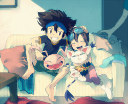 Rule 34 | 1boy, 1girl, animal hands, bandana, barefoot, black shirt, blue bandana, blush, brother and sister, brown hair, closed eyes, closed mouth, commentary request, couch, digimon, digimon (creature), digimon adventure, family, gloves, goggles, green shorts, hug, koromon, living room, open mouth, paw gloves, paw pads, pink shorts, shirt, short hair, shorts, siblings, smile, socks, t k g, table, tailmon, teeth, toes, yagami hikari, yagami taichi