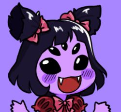 Rule 34 | 1girl, arthropod girl, bad id, bad pixiv id, black eyes, black hair, blush, blush stickers, bow, chibi, colored skin, extra eyes, fangs, gyate gyate, hair bow, insect girl, lowres, monster, monster girl, muffet, open mouth, portrait, puffy sleeves, purple background, purple skin, purple theme, short twintails, simple background, smile, solo, spider girl, twintails, two side up, undertale, upper body, yaruky