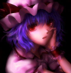 Rule 34 | 1girl, black background, blue hair, female focus, hand on own cheek, hand on own face, hat, lips, mr (llwis41), open mouth, portrait, purple hair, red eyes, remilia scarlet, short hair, solo, touhou, wristband