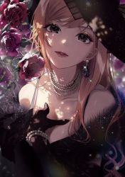Rule 34 | 1girl, arisugawa natsuha, bare shoulders, bead bracelet, bead necklace, beads, black eyes, black gloves, black headwear, bracelet, breasts, brown hair, cleavage, collarbone, commentary request, dappled sunlight, earrings, elbow gloves, flower, gloves, hand on own chest, has bad revision, has downscaled revision, highres, idolmaster, idolmaster shiny colors, jewelry, leaf, long hair, looking at viewer, magako, md5 mismatch, medium breasts, necklace, parted lips, purple flower, purple lips, purple rose, resolution mismatch, rose, snow, solo, source smaller, sparkle, sunlight, swept bangs, upper body, water