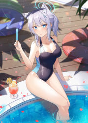 Rule 34 | 1girl, absurdres, animal ear fluff, animal ears, blue archive, blue eyes, blue halo, blue one-piece swimsuit, breasts, casual one-piece swimsuit, cleavage, cross hair ornament, drink, food, grey hair, hair ornament, halo, hidel, highres, innertube, medium breasts, medium hair, mixed-language commentary, one-piece swimsuit, pool, popsicle, shiroko (blue archive), shiroko (swimsuit) (blue archive), soaking feet, solo, swim ring, swimsuit, thighs