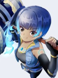 Rule 34 | 1girl, blue hair, blue shorts, brown eyes, chest jewel, dark-skinned female, dark skin, fiery hair, glowing lines, grey background, hammer, high tops, highres, inuneco, sena (xenoblade), shoes, shorts, shoulder strap, side ponytail, simple background, sneakers, solo, sports bra, xenoblade chronicles (series), xenoblade chronicles 3