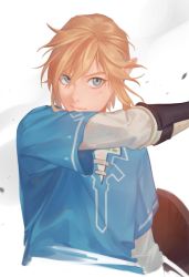 Rule 34 | 1boy, blonde hair, blue eyes, closed mouth, cropped torso, gloves, hair between eyes, highres, k young03, korean commentary, link, long sleeves, male focus, nintendo, pointy ears, shield, solo, the legend of zelda, the legend of zelda: breath of the wild, tunic, upper body