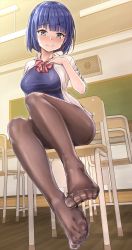 Rule 34 | 1girl, black pantyhose, blue eyes, blue hair, blue one-piece swimsuit, blush, bow, bowtie, breasts, chair, chalkboard, classroom, closed mouth, commentary request, feet, full body, hand on own chest, hand up, highres, indoors, koyuki (kotatsu358), looking at viewer, medium breasts, no shoes, on chair, one-piece swimsuit, open clothes, open shirt, original, pantyhose, pantyhose under swimsuit, red bow, red bowtie, school chair, school swimsuit, school uniform, shirt, short hair, smile, solo, swimsuit, swimsuit under clothes, toes, white shirt