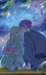 Rule 34 | 1boy, 1girl, aqua hair, blush, bow, closed eyes, commentary request, cowboy shot, fingernails, green hair, hair between eyes, hair up, hand on another&#039;s chin, hand up, hetero, highres, interlocked fingers, japanese clothes, kamishiro rui, kimono, kusanagi nene, long hair, looking at another, multicolored hair, n ps 7, night, night sky, outdoors, parted lips, pink bow, project sekai, purple hair, short hair, sitting, sky, star (sky), starry sky, streaked hair, two-tone hair, yellow eyes